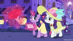 Size: 8000x4500 | Tagged: safe, artist:twilirity, derpibooru import, rarity, twilight sparkle, pony, birthday dress, bouquet of flowers, canterlot, clothes, dress, duo, duo female, female, fireworks, flower, flower in tail, hat, image, lesbian, letter, png, ship:rarilight, shipping, tail