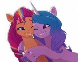 Size: 2359x1900 | Tagged: safe, artist:zephyrcrocus, derpibooru import, izzy moonbow, sunny starscout, earth pony, unicorn, g5, blushing, bracelet, duo, duo female, female, horn, hug, image, jewelry, jpeg, lesbian, looking at each other, looking at someone, one eye closed, ship:moonscout, shipping, simple background, smiling, white background