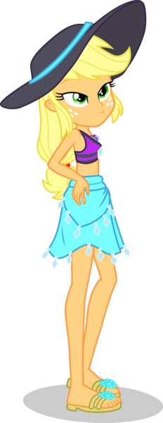 Size: 1280x3312 | Tagged: safe, artist:dustinwatsongkx, derpibooru import, applejack, human, equestria girls, g4, clothes, clothes swap, female, hat, image, png, rarity's blue sarong, rarity's purple bikini, simple background, solo, sun hat, swimsuit, swimsuit swap, transparent background, vector