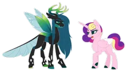 Size: 1080x614 | Tagged: safe, artist:xxanimatorixx, derpibooru import, princess cadance, queen chrysalis, alicorn, changeling, changeling queen, pony, g4, alternate design, alternate universe, colored hooves, colored wings, disguise, disguised changeling, fake cadance, female, folded wings, hooves, image, lidded eyes, open mouth, png, raised hoof, role reversal, sibling swap, simple background, spread wings, transparent background, wings