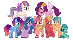 Size: 5455x2993 | Tagged: safe, artist:squipycheetah, derpibooru import, hitch trailblazer, izzy moonbow, pipp petals, sparky sparkeroni, sprout cloverleaf, sunny starscout, zipp storm, alicorn, dragon, earth pony, pegasus, pony, unicorn, g4, g5, my little pony: a new generation, applejack (g5), baby, baby dragon, fluttershy (g5), g5 to g4, generation leap, horn, image, mane five, mane seven (g5), mane six (g5), mane stripe sunny, misty brightdawn, pinkie pie (g5), png, race swap, rainbow dash (g5), rarity (g5), rebirth misty, simple background, sunnycorn, transparent background, twilight sparkle (g5)