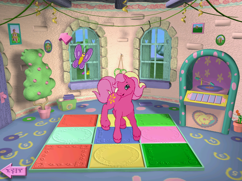 Size: 800x600 | Tagged: safe, derpibooru import, sundance (g2), butterfly, earth pony, insect, pony, g2, book, brush, cute, dance studio, door, exit, female, flower, flower pot, g2 sundawwnce, g2betes, image, indoors, jukebox, mare, my little pony: friendship gardens, picture, picture frame, png, ponyland, solo, steps, tree, window