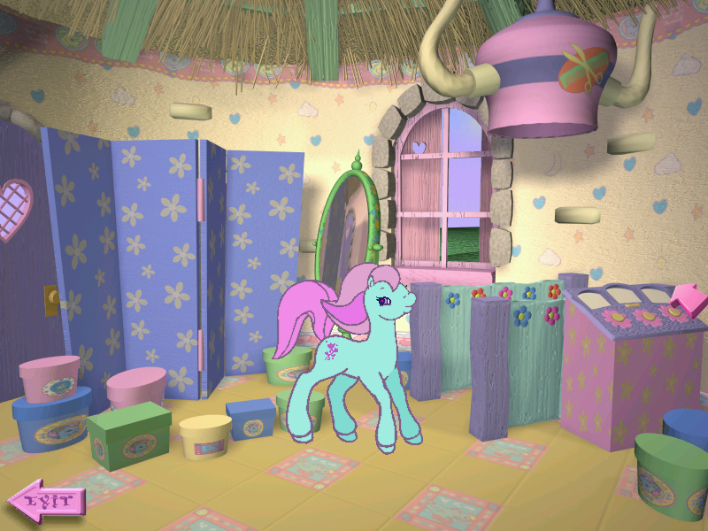 Size: 800x600 | Tagged: safe, derpibooru import, ivy, earth pony, pony, g2, beauty salon, box, closed mouth, cute, exit, female, g2betes, hair dryer, hair salon, image, indoors, ivybetes, mare, mirror, my little pony: friendship gardens, png, ponyland, salon, smiling, solo, window