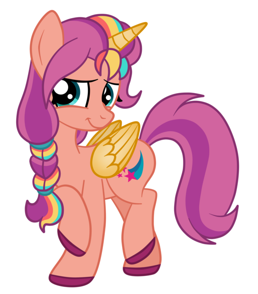 Size: 3509x4000 | Tagged: safe, artist:squipycheetah, derpibooru import, sunny starscout, alicorn, pony, g4, g5, g5 to g4, generation leap, happy, image, png, raised hoof, simple background, smiling, transparent background