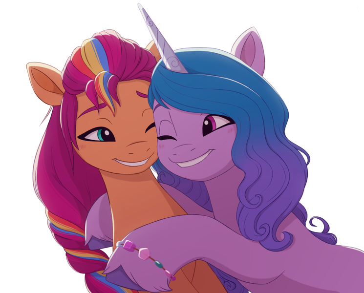 Size: 2359x1900 | Tagged: safe, artist:zephyrcrocus, derpibooru import, izzy moonbow, sunny starscout, earth pony, pony, unicorn, g5, blushing, bracelet, duo, duo female, female, friendship bracelet, grin, horn, hug, image, jewelry, lesbian, looking at each other, looking at someone, mane stripe sunny, mare, one eye closed, png, requested art, ship:moonscout, shipping, simple background, smiling, unshorn fetlocks, white background