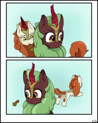 Size: 2101x2633 | Tagged: safe, artist:aubs, artist:derpy_fan, derpibooru import, autumn blaze, cinder glow, summer flare, kirin, 2 panel comic, comic, food, image, muffin, newbie artist training grounds, png