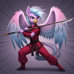 Size: 1024x1024 | Tagged: safe, ai content, derpibooru import, generator:google imagen 3.0, machine learning generated, prompter:zerowinger, silverstream, anthro, hippogriff, clothes, cosplay, costume, dynamic pose, female, g.i. joe, gi joe the movie, gradient background, image, jinx (gi joe), jpeg, naginata, smiling, smirk, solo, spread wings, wings