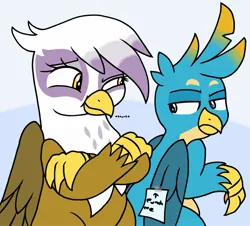 Size: 2048x1853 | Tagged: safe, artist:chaosimp2006, derpibooru import, gallus, gilda, gryphon, crossed arms, female, image, jpeg, kick me, male, note, prank, tape, unamused