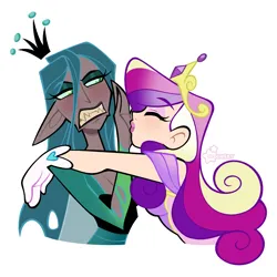 Size: 2048x2048 | Tagged: safe, artist:3ggmilky, derpibooru import, princess cadance, queen chrysalis, human, blushing, cadalis, clothes, crown, dark skin, dress, duo, duo female, eyes closed, eyeshadow, female, gloves, gritted teeth, hand kiss, hug, humanized, image, infidelity, jewelry, kiss denied, lesbian, lipstick, makeup, nail polish, png, regalia, shipping, teeth