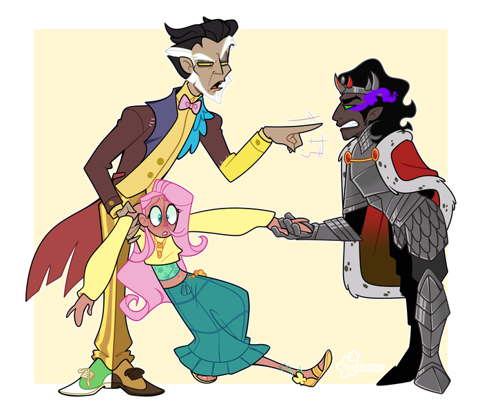 Size: 3500x3000 | Tagged: safe, artist:3ggmilky, derpibooru import, discord, fluttershy, king sombra, human, armor, beard, belly button, belly piercing, bowtie, cape, clothes, coat, colored sclera, crown, dark skin, duo, facial hair, feet, female, gloves, gritted teeth, holding hands, humanized, image, jewelry, looking at each other, looking at someone, male, midriff, mismatched shoes, moderate dark skin, necklace, necktie, open mouth, passepartout, piercing, png, regalia, rivalry, robe, sandals, shirt, shoes, simple background, skirt, suit, teeth, trio, yellow background