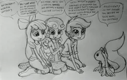 Size: 3614x2282 | Tagged: safe, artist:majkashinoda626, derpibooru import, apple bloom, scootaloo, sweetie belle, human, equestria girls, g4, cutie mark crusaders, dialogue, english, group, image, incubator (species), jpeg, kneeling, kyubey, lineart, open mouth, puella magi madoka magica, quartet, simple background, speech bubble, this will end in tears and/or death and/or covered in tree sap, this will not end well, traditional art, white background