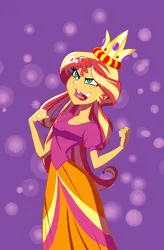 Size: 864x1317 | Tagged: safe, artist:ignoto_delta, derpibooru import, sunset shimmer, human, equestria girls, g4, clothes, crown, dress, evil grin, fall formal, female, freckles, grin, image, jewelry, my little pony equestria girls, narrowed eyes, open mouth, open smile, peppered bacon, png, regalia, scene interpretation, smiling, solo