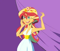 Size: 1094x936 | Tagged: safe, artist:ignoto_delta, derpibooru import, sunset shimmer, human, equestria girls, g4, breasts, cleavage, clothes, crown, dress, female, freckles, image, jewelry, my little pony equestria girls, open mouth, open smile, peppered bacon, png, regalia, smiling, solo, tiara