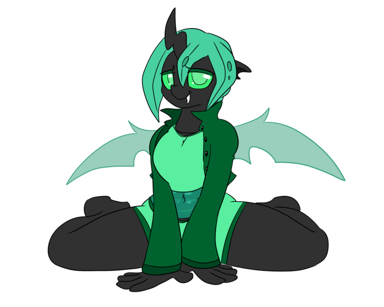 Size: 1500x1200 | Tagged: safe, artist:dudey64, oc, oc:speculo, unofficial characters only, anthro, changeling, unguligrade anthro, bedroom eyes, belly button, clothes, fangs, female, floppy ears, horn, image, jacket, kneeling, looking at you, png, rule 63, shorts, simple background, solo, spread wings, transparent background, wings