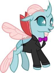 Size: 510x686 | Tagged: safe, artist:byteslice, derpibooru import, ocellus, changedling, changeling, g4, .svg available, bowtie, clothes, female, flying, image, necktie, png, simple background, solo, transparent background, tuxedo, vector