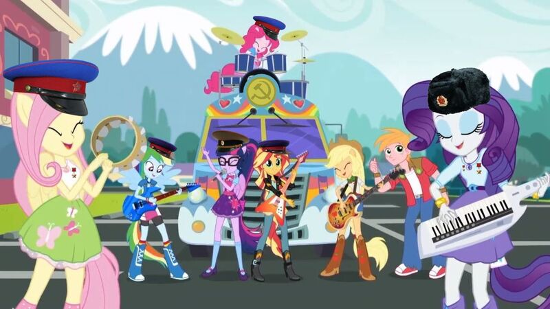 Size: 1275x717 | Tagged: safe, derpibooru import, edit, edited screencap, ponybooru import, screencap, applejack, big macintosh, fluttershy, pinkie pie, rainbow dash, rarity, sci-twi, sunset shimmer, twilight sparkle, eqg summertime shorts, equestria girls, g4, get the show on the road, communism, hammer and sickle, hat, humane five, humane seven, humane six, image, jpeg, medal, medals, my little pony equestria girls: summertime shorts, soviet shimmer, studebaker, the rainbooms tour bus, ushanka, visor cap