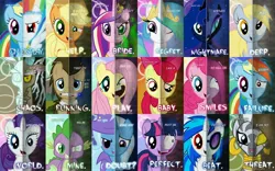 Size: 5120x3200 | Tagged: safe, derpibooru import, applejack, derpy hooves, discord, fluttershy, pinkie pie, princess cadance, princess celestia, princess luna, rainbow dash, rarity, spike, trixie, twilight sparkle, vinyl scratch, zecora, absurd resolution, alternate scenario, female, image, jpeg, mane six, opposite, royal sisters, siblings, sisters, text, two-face