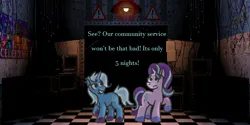 Size: 2000x1000 | Tagged: safe, artist:zoeyhorse, derpibooru import, starlight glimmer, trixie, pony, unicorn, g4, duo, duo female, female, five nights at freddy's, horn, image, lesbian, png, shipping, startrix, this will end in death, this will end in tears, this will end in tears and/or death