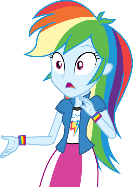 Size: 2510x3530 | Tagged: safe, artist:octosquish7260, derpibooru import, rainbow dash, human, equestria girls, g4, clothes, cutie mark, cutie mark on clothes, female, image, png, shirt, shocked, shocked expression, simple background, skirt, solo, teenager, transparent background, vest, wristband