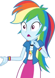 Size: 2510x3530 | Tagged: safe, artist:octosquish7260, derpibooru import, rainbow dash, human, equestria girls, g4, clothes, cutie mark, cutie mark on clothes, female, image, png, shirt, shocked, shocked expression, simple background, skirt, solo, teenager, transparent background, vest, wristband