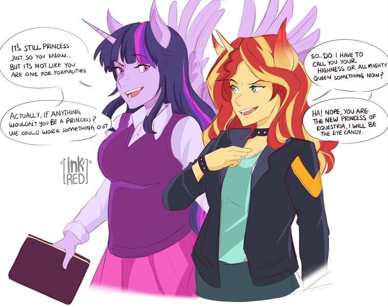 Size: 2048x1623 | Tagged: safe, artist:inkrred, derpibooru import, sunset shimmer, twilight sparkle, human, equestria girls, g4, alicorn humanization, book, breasts, busty twilight sparkle, colored eartips, dialogue, duo, duo female, eared humanization, female, horn, horned humanization, humanized, image, jpeg, lesbian, shipping, signature, simple background, speech bubble, sunsetsparkle, white background, winged humanization, wings