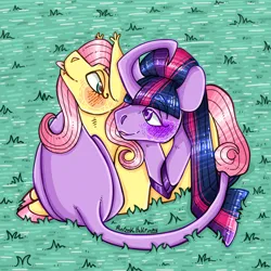 Size: 2500x2500 | Tagged: safe, artist:ruusukultakruunu, derpibooru import, fluttershy, twilight sparkle, bat pony, pony, unicorn, g4, alternate design, bat ponified, blushing, colored hooves, cuddling, curved horn, female, flutterbat, grass, hooves, horn, image, leonine tail, lesbian, looking at each other, looking at someone, looking back, lying down, mare, png, ponyloaf, prone, race swap, ship:twishy, shipping, signature, tail, tongue out, unicorn twilight