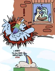 Size: 722x923 | Tagged: safe, artist:bvnnyface, derpibooru import, bon bon, lyra heartstrings, rainbow dash, sweetie drops, earth pony, pegasus, pony, unicorn, g4, 2 panel comic, comic, dialogue, female, flying, heart, horn, image, implied appledash, implied lesbian, implied shipping, kiss on the lips, kissing, lesbian, lyrabon, mare, png, rainbow, shipping, spread wings, wings