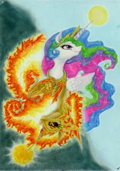 Size: 9761x13899 | Tagged: safe, artist:trancepony, derpibooru import, daybreaker, princess celestia, alicorn, pony, absurd file size, absurd resolution, bust, dark side, duality, female, fire, image, jpeg, mare, portrait, signature, sun, traditional art, yin-yang