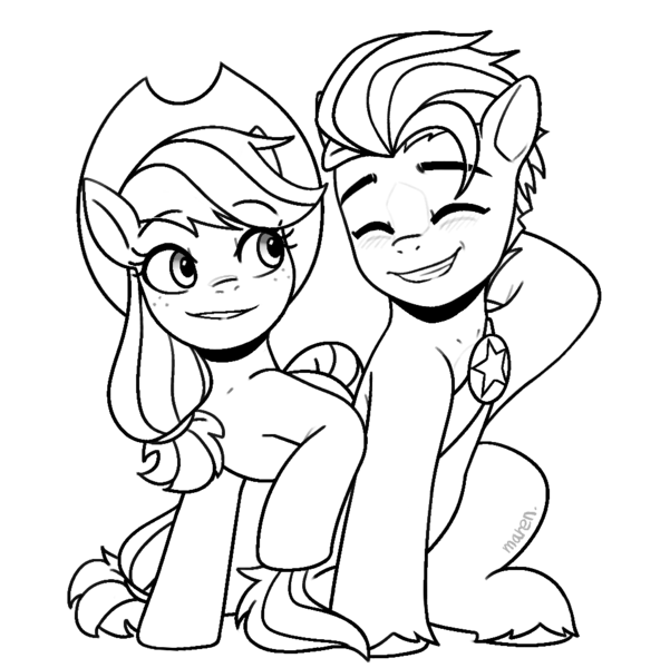 Size: 1024x1023 | Tagged: safe, artist:maren, derpibooru import, applejack, hitch trailblazer, earth pony, pony, g5, applejack's hat, black and white, collaboration:world collide pmv, cowboy hat, duo, eyes closed, female, grayscale, grin, hat, hitch and his heroine, image, male, mare, monochrome, png, simple background, smiling, stallion, transparent background