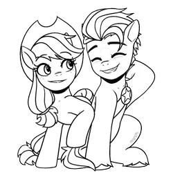 Size: 1024x1023 | Tagged: safe, artist:maren, derpibooru import, applejack, hitch trailblazer, earth pony, pony, g5, applejack's hat, black and white, collaboration:world collide pmv, cowboy hat, duo, eyes closed, female, grayscale, grin, hat, hitch and his heroine, image, male, mare, monochrome, png, simple background, smiling, stallion, transparent background