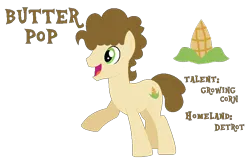 Size: 776x511 | Tagged: safe, artist:moonlightthegriffon, derpibooru import, oc, oc:butter-pop, earth pony, pony, base used, bio in description, corn, cutie mark, food, happy, image, male, open mouth, open smile, png, raised hoof, simple background, smiling, stallion, text, transparent background