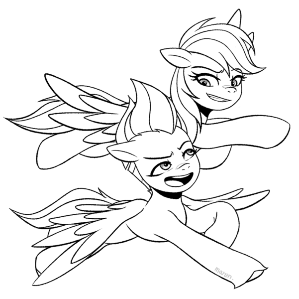 Size: 1024x1023 | Tagged: safe, artist:maren, derpibooru import, rainbow dash, zipp storm, pony, g5, black and white, collaboration:world collide pmv, duo, female, flying, grayscale, grin, image, mare, monochrome, png, simple background, smiling, transparent background, zipp and her heroine