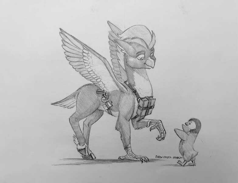 Size: 6842x5242 | Tagged: safe, artist:baron engel, derpibooru import, oc, oc:ping wing, bird, hippogriff, penguin, book, equipment, everfree northwest 2024, hippogriff oc, image, jpeg, practical clothing, realistic anatomy, spellbook, traditional art, wizard