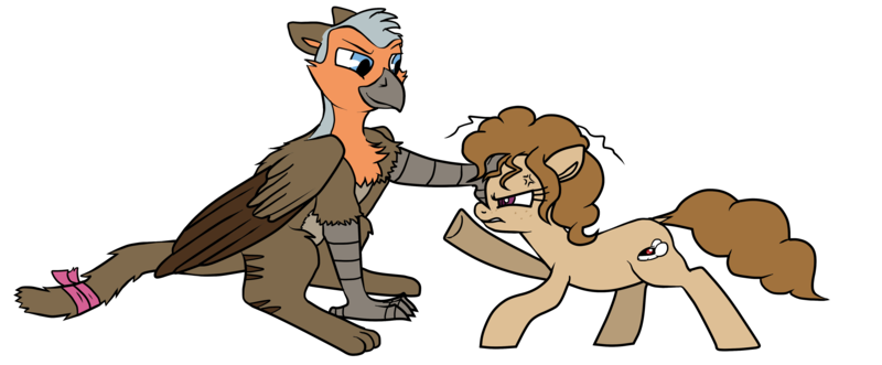 Size: 5000x2067 | Tagged: safe, derpibooru import, oc, oc:dusty, oc:thumbtack, earth pony, gryphon, angry, earth pony oc, griffon oc, holding head, image, micro, png, smug