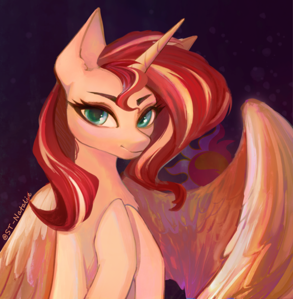 Size: 2488x2543 | Tagged: safe, artist:sunlight-twinkle, derpibooru import, sunset shimmer, alicorn, pony, alicornified, female, hooves to the chest, image, mare, png, race swap, shimmercorn, signature, simple background, smiling, solo