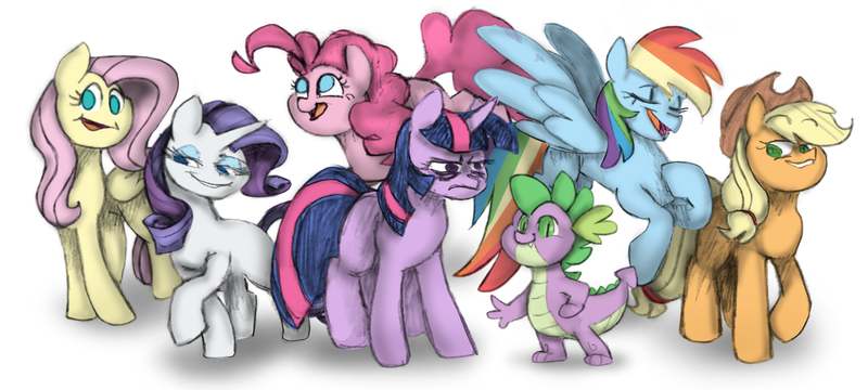 Size: 3000x1350 | Tagged: safe, artist:cloud-roots, derpibooru import, applejack, fluttershy, pinkie pie, rainbow dash, rarity, spike, twilight sparkle, dragon, earth pony, pegasus, pony, unicorn, g4, angry, bags under eyes, eyebrows, eyebrows visible through hair, faic, female, frown, headcanon, hoof on chest, horn, image, male, mane seven, mane six, mare, png, simple background, smiling, twilight sparkle is not amused, unamused, unicorn twilight, white background