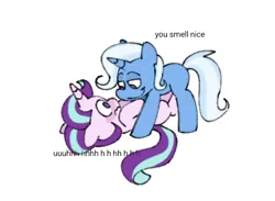 Size: 548x402 | Tagged: safe, artist:driftwoodpony, derpibooru import, starlight glimmer, trixie, pony, unicorn, g4, blushing, duo, duo female, female, horn, image, lesbian, looking at each other, looking at someone, mare, no pupils, pinned, png, shipping, simple background, smiling, startrix, wavy mouth, white background