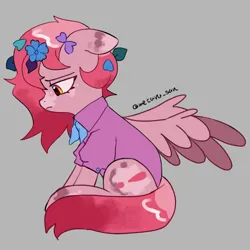 Size: 4096x4096 | Tagged: safe, artist:metaruscarlet, derpibooru import, oc, oc:metaru scarlet, unofficial characters only, pegasus, pony, clothes, depressed, flower, flower in hair, gray background, image, leaves, leaves in hair, pegasus oc, png, sad, simple background, solo, spotted, spread wings, wings