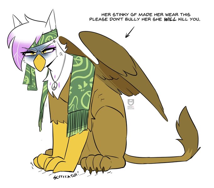 Size: 1608x1412 | Tagged: safe, artist:redxbacon, derpibooru import, gilda, gryphon, angry, claws, clothes, digital art, eared griffon, headband, image, jacket, jpeg, leather, leather jacket, looking at you, peace symbol, scarf, scratching, shirt, simple background, solo, text, white background