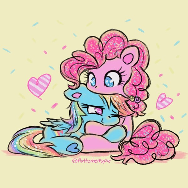 Size: 2048x2048 | Tagged: safe, artist:flutterberrypie, derpibooru import, pinkie pie, rainbow dash, earth pony, pegasus, pony, g4, duo, duo female, female, folded wings, heart, high res, image, jpeg, lesbian, lying down, mare, one eye closed, pinkiedash, shipping, sitting, smiling, tail, underhoof, wings