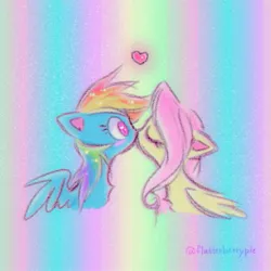 Size: 1077x1077 | Tagged: safe, alternate version, artist:flutterberrypie, derpibooru import, fluttershy, rainbow dash, pegasus, pony, g4, blushing, duo, duo female, eyes closed, female, flutterdash, heart, image, jpeg, kissing, lesbian, mare, partially open wings, shipping, wings