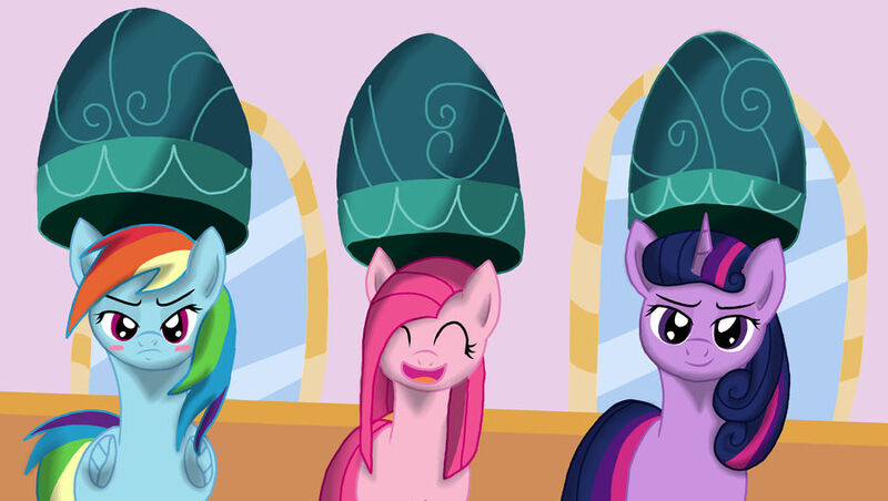 Size: 900x508 | Tagged: safe, artist:novaspark, derpibooru import, pinkie pie, rainbow dash, twilight sparkle, pony, g4, alternate hairstyle, hair dryer, image, jpeg, makeover, rainbow dash is not amused, unamused