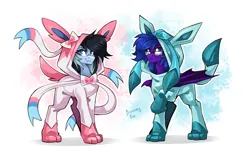 Size: 3536x2182 | Tagged: safe, artist:buvanybu, derpibooru import, oc, oc:cyaera, oc:sophiabatty, bat pony, glaceon, sylveon, undead, vampire, vampony, clothes, costume, duo, female, image, male, png, pokémon, raised hoof, smiling