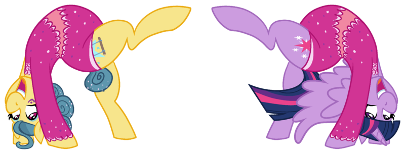 Size: 2662x1014 | Tagged: safe, artist:retroguy1990, derpibooru import, edit, trapeze star, twilight sparkle, twilight sparkle (alicorn), alicorn, earth pony, pony, acrobatics, backbend, belly, clothes, cute, duo, duo female, female, gymnastics, image, leotard, plump, png, potbelly, requested art, round belly, simple background, stomach, stretching, transparent background