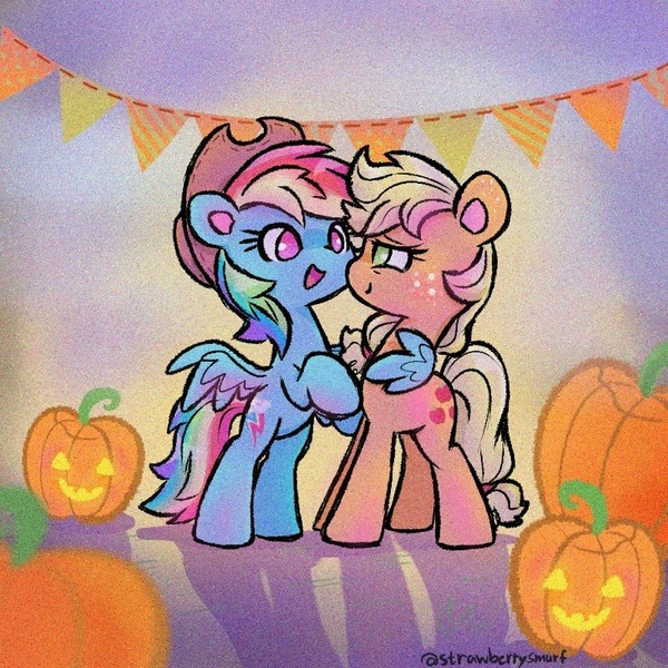 Size: 800x800 | Tagged: safe, artist:flutterberrypie, derpibooru import, applejack, rainbow dash, earth pony, pegasus, pony, accessory swap, appledash, applejack's hat, cowboy hat, duo, duo female, female, freckles, halloween, hat, holiday, hug, image, jack-o-lantern, jpeg, lesbian, mare, open mouth, open smile, pumpkin, shipping, smiling, smiling at someone, spread wings, tail, winghug, wings