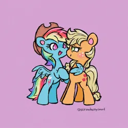 Size: 800x800 | Tagged: safe, alternate version, artist:flutterberrypie, derpibooru import, applejack, rainbow dash, earth pony, pegasus, pony, accessory swap, appledash, applejack's hat, cowboy hat, duo, duo female, female, freckles, hat, hug, image, jpeg, lesbian, mare, open mouth, open smile, shipping, simple background, smiling, smiling at someone, spread wings, tail, winghug, wings