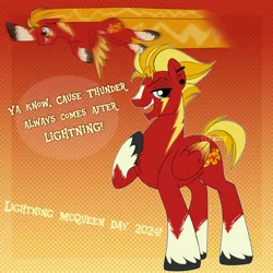 Size: 3000x3000 | Tagged: safe, artist:texacity, derpibooru import, ponified, pegasus, pony, blaze (coat marking), cars (pixar), coat markings, dialogue, facial markings, flying, gradient background, hoof on chest, image, jpeg, lidded eyes, lightning mcqueen, male, socks (coat marking), solo, stallion, unshorn fetlocks