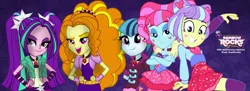 Size: 1952x711 | Tagged: safe, artist:carolina666, artist:gigarainbowdasheqg, artist:shootingstarsentry, derpibooru import, adagio dazzle, aria blaze, kiwi lollipop, sonata dusk, supernova zap, equestria girls, g4, image, k-lo, mashup, png, postcrush, rainbow rocks 10th anniversary, su-z