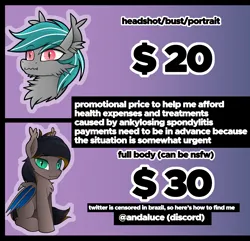 Size: 2000x1929 | Tagged: safe, artist:andaluce, derpibooru import, oc, oc:black night, oc:malachite cluster, unofficial characters only, bat pony, pony, advertisement, bust, chest fluff, commission, commission info, commission open, ear fluff, fluffy, image, male, png, price sheet, sitting, stallion, text