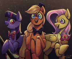 Size: 1024x832 | Tagged: safe, artist:explosivepearl, derpibooru import, applejack, fluttershy, twilight sparkle, earth pony, pegasus, pony, robot, robot pony, unicorn, bonnie (fnaf), bowtie, chica, crossover, electric guitar, female, five nights at freddy's, freddy fazbear, guitar, horn, image, jpeg, mare, musical instrument, necktie